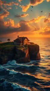 Free mobile wallpaper of house on cliff.