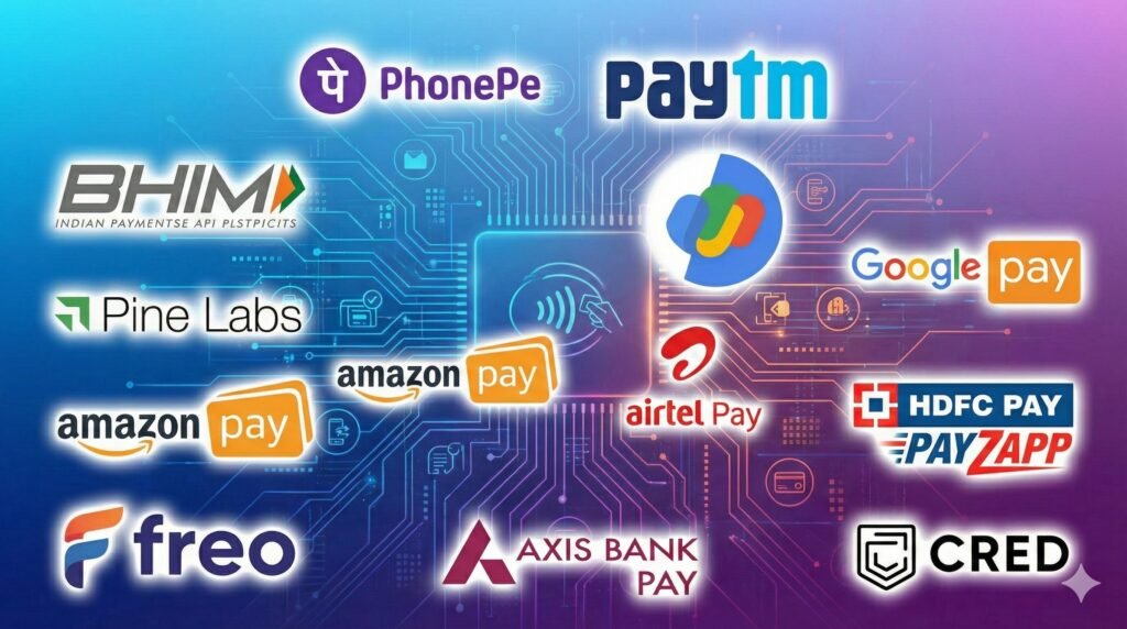 A collage of the logos of UPI apps from India.