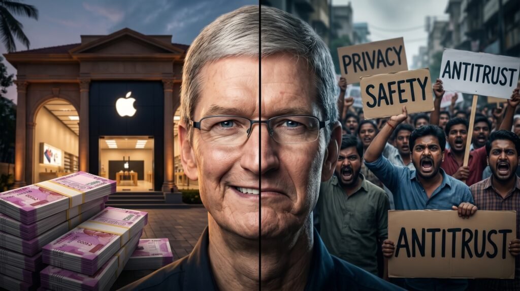 AI Generated Image of Tim Cook being "HappySad" with India.