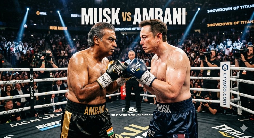AI Generated Image of Elon Musk vs Mukesh Ambani in a boxing ring.