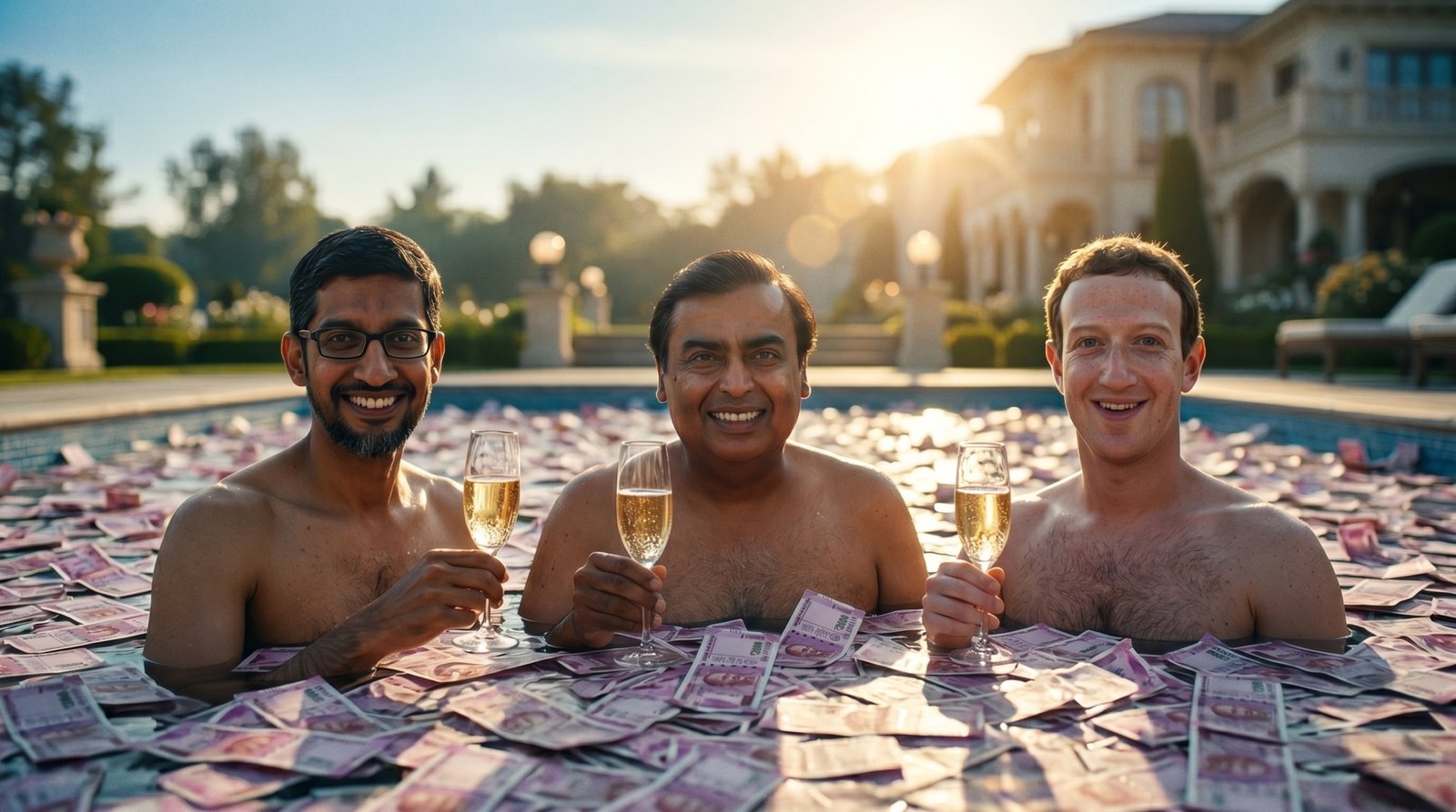 AI generated image of Mukesh Ambani, Sundar Pichai and Mark Zuckerberg swimming in a pool of money.