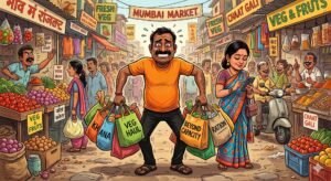 AI generated cartoon image of an Indian male carrying the bags of a lady at the market.