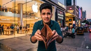 Indian youth having no money standing outside an Apple store.