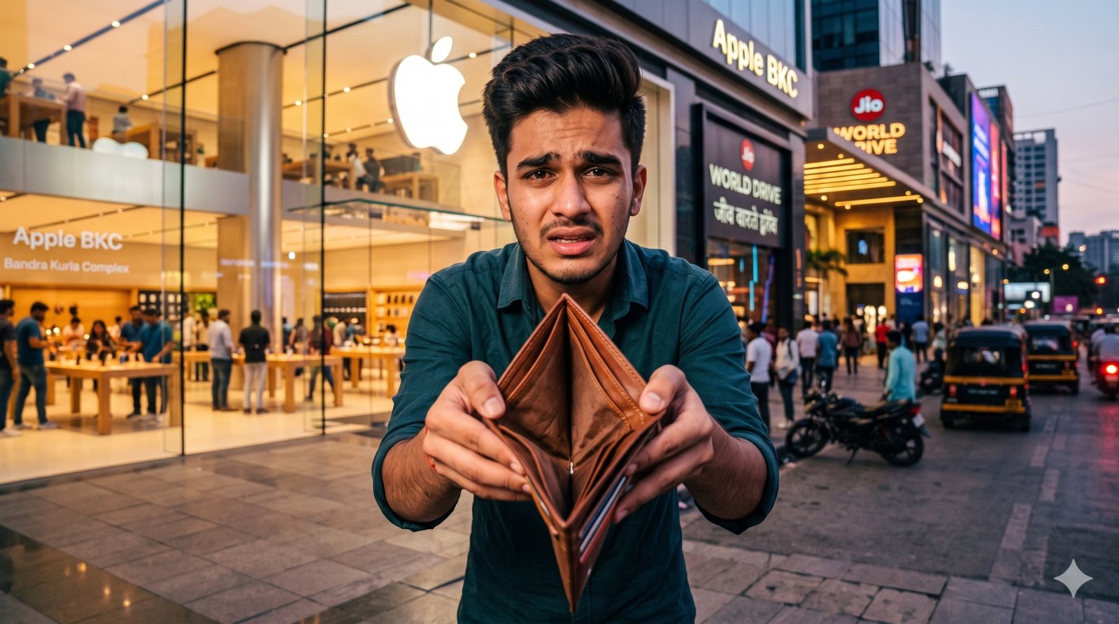Indian youth having no money standing outside an Apple store.