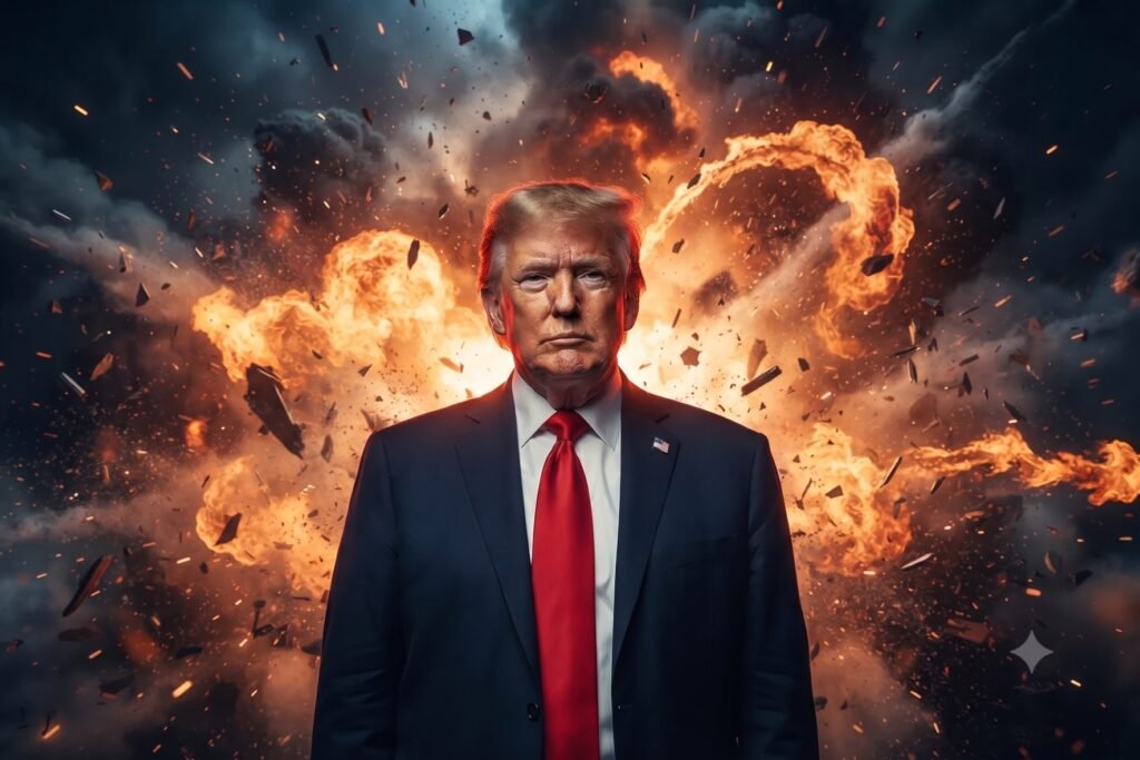 Donald Trump standing in front of an explosion.