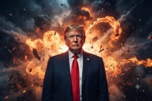 Donald Trump standing in front of an explosion.