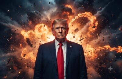 Donald Trump standing in front of an explosion.