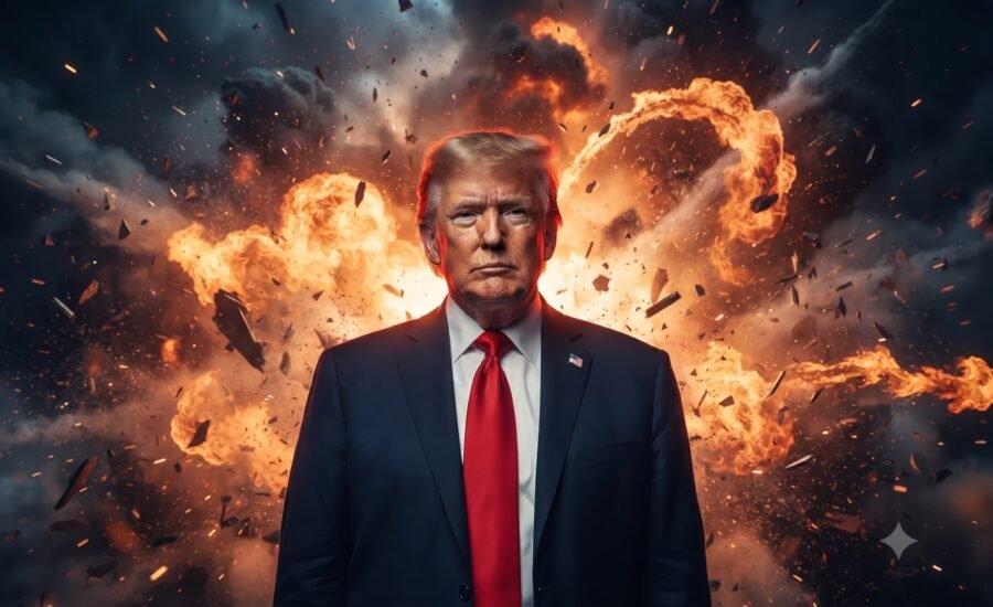 Donald Trump standing in front of an explosion.